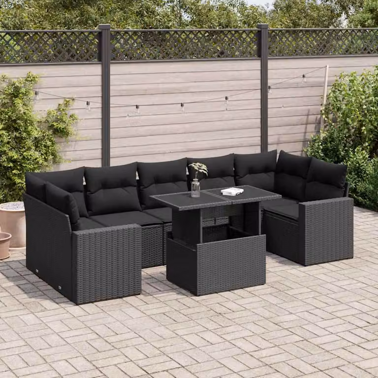 Set Divano da Giardino a L vidaXL in Polyrattan Nero con 8 Cuscini e Tavolino da Esterno