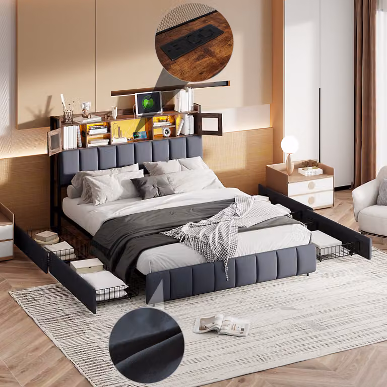 Letto imbottito ProximaX 140x200cm con USB e prese, letto per ragazzi letto matrimoniale con 4 cassetti, letto contenitore letto in legno massiccio con LED e rete a doghe, lino， nero