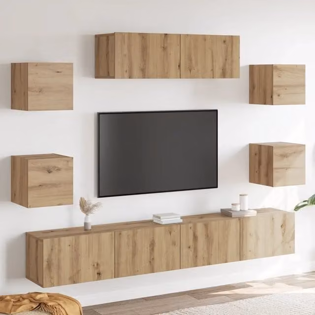 Set Mobile TV 7 pz-Credenza per TV Montato a Parete Rovere in Legno Multistrato 345432