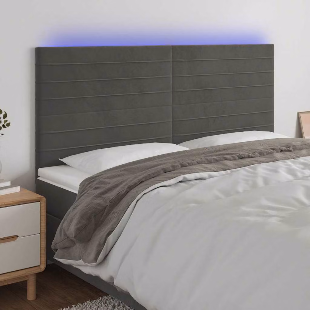 Testiera per letto con illuminazione LED e porta di ricarica USB vidaXL in velluto grigio, L: 200 cm, H: 118/128 cm, P: 5 cm