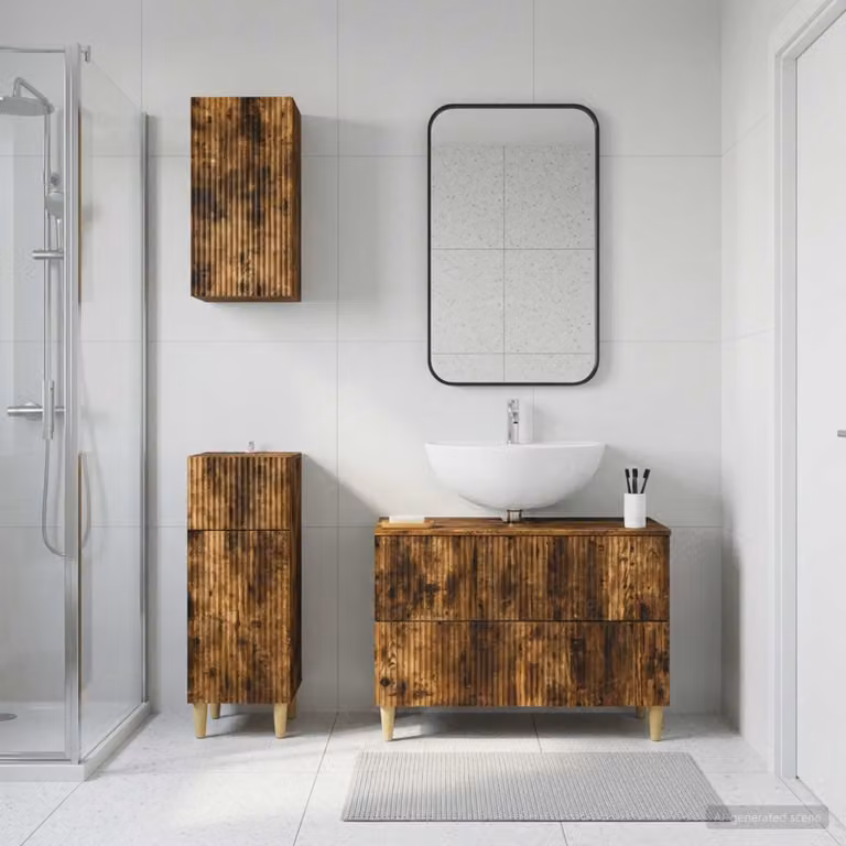 Set di armadietti da bagno 3 pezzi vidaXL ARNHEM in legno Rovere Fumo marrone con mobile sottolavabo e pensili a parete