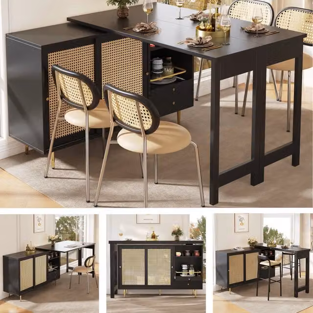 Tavolo alto design nero estraibile e girevole a 360° (107x40x71,4 cm), con armadio porta rattan e ripiano aperto, per cucina e sala da pranzo