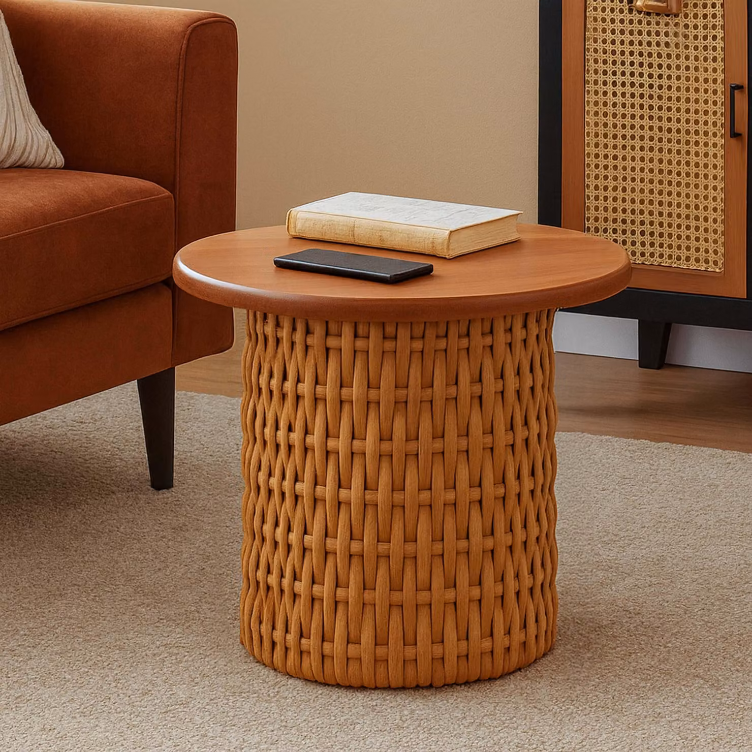 Tavolino HWC-P15, tavolino da divano/caffè tavolino da salotto tavolino per piante tavolino, legno mogano rattan rotondo Ø44cm