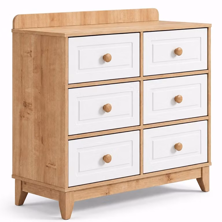Comodino scandinavo per bambini, realizzato in legno chiaro con cassetti bianchi