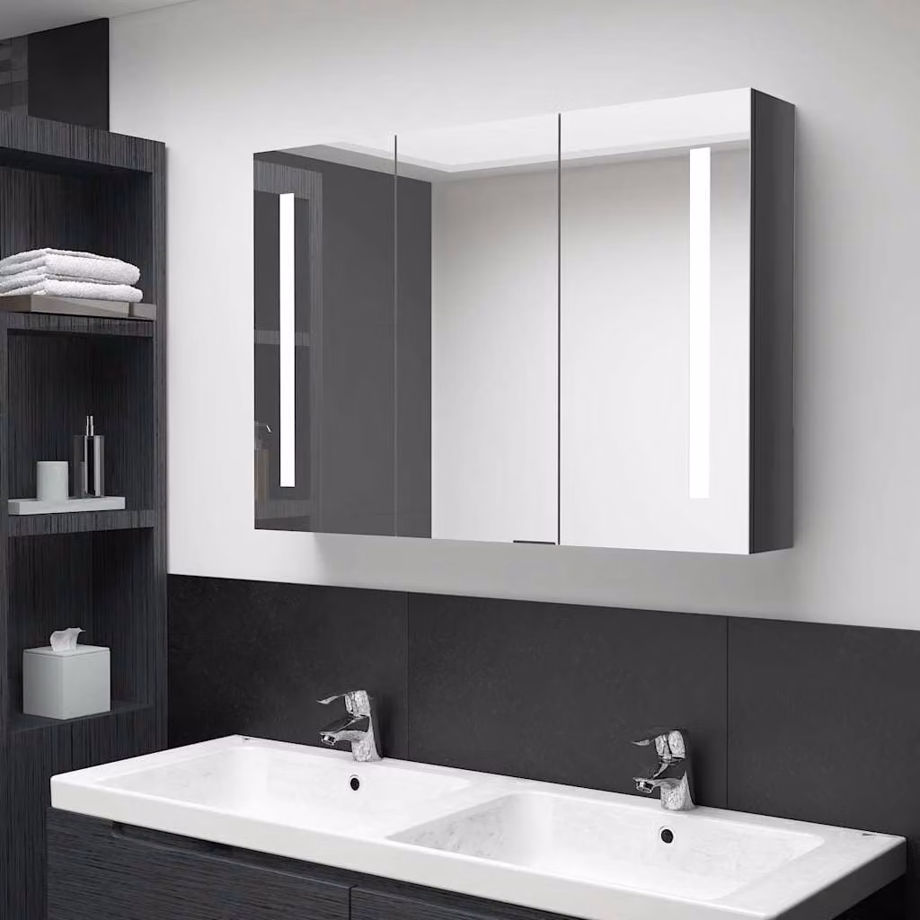 vidaXL Armadietto da bagno moderno con specchio e illuminazione LED, Grigio lucido, L: 89 cm, P: 14 cm, H: 62 cm – 1
