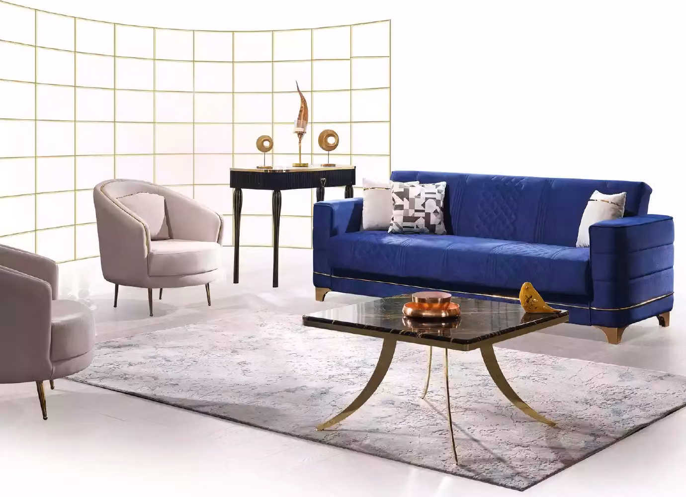 Blaue Polstergarnitur Set 3+1+1 Sitzer Sofa Set Sessel Sofagarnitur 3tlg