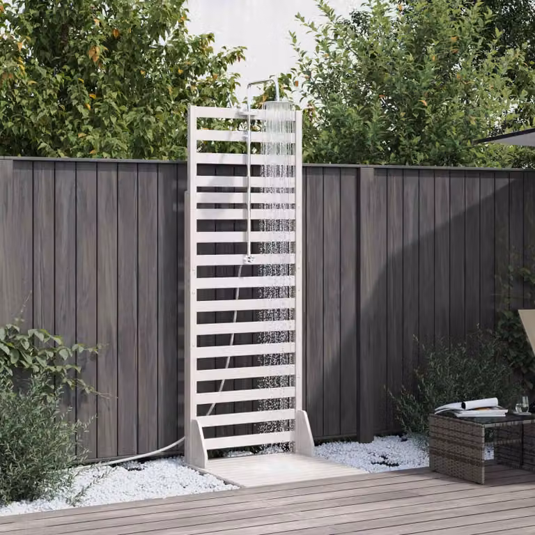 Maison Exclusive - Doccia da giardino, 225 cm, legno massello di pino e acciaio inossidabile, colore bianco
