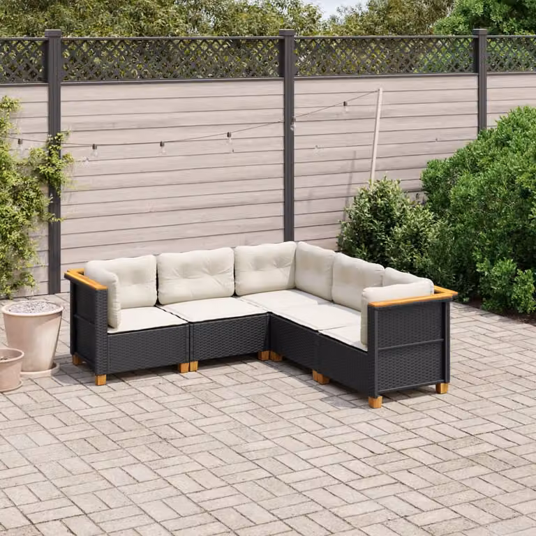 vidaXL Set Divani da Giardino a L 5 pz in Polyrattan Nero con Cuscini e Rivestimenti Rimovibili