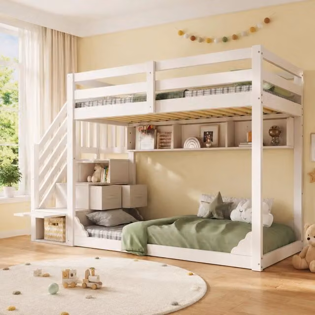 Letto a castello 90x200 cm bianco con mobile a scala e ripiani; senza materasso