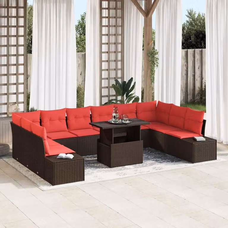 Set Divano da Giardino vidaXL 11 pz a forma di U con Tavolino, Colore Marrone e Rosso, in Polyrattan e Metallo con Cuscini Inclusi