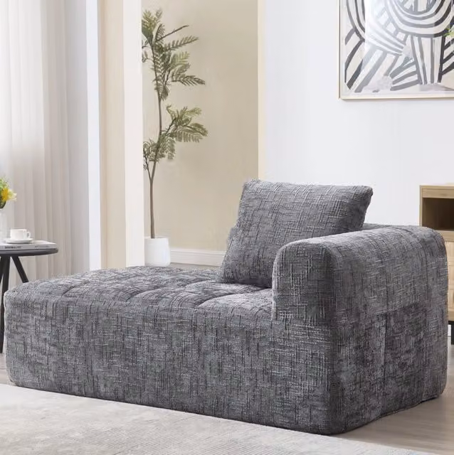 Divano chaise longue 158x90x60 cm con tasche laterali e cuscino in chenille grigio