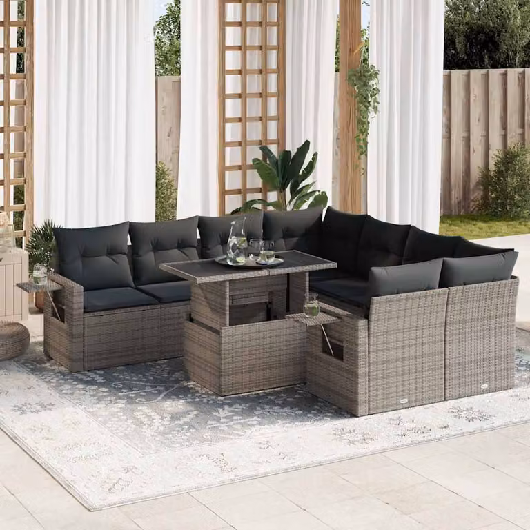 Set Divano da Giardino vidaXL 9 pz a Forma a L con Cuscini e Tavolino, Polyrattan e Metallo, Grigio
