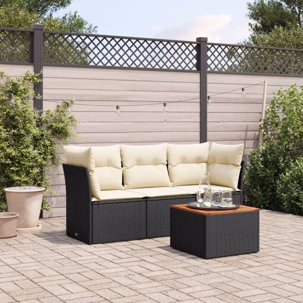 Set di divani da giardino vidaXL 4 pezzi in polyrattan nero con cuscini e tavolino da esterno a forma di L – 1