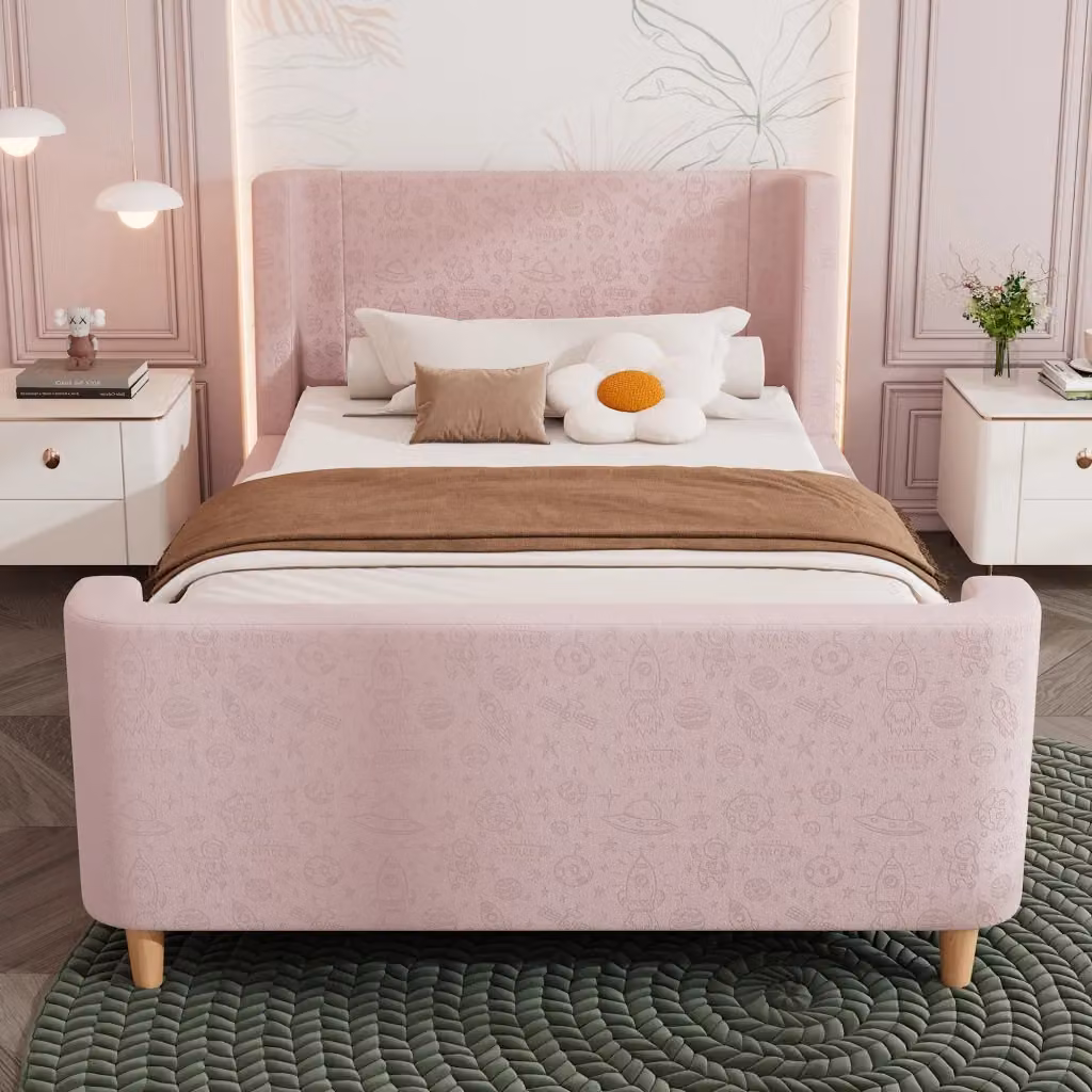 Letto singolo per bambini OKWISH in velluto rosa con testiera imbottita e motivo spaziale, L/P/H: 90 x 200 cm – 2