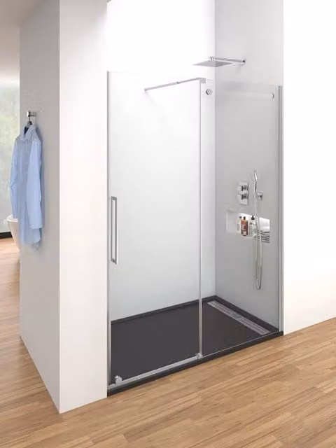 Box doccia rettangolare VETRUM con 1 anta fissa e 1 scorrevole, vetro trasparente e profili in acciaio inox lucido, L: 115 cm