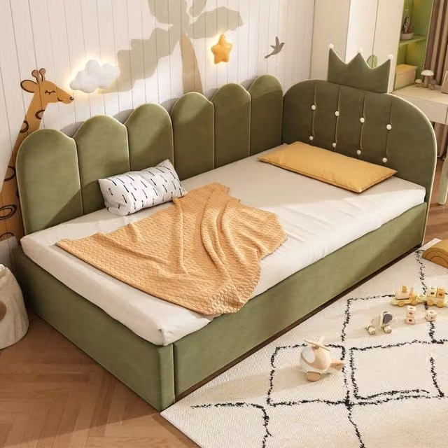 Letto con letto estraibile REDOM per bambini in velluto verde con design corona e griglia, L/P/H: 90 x 200 cm
