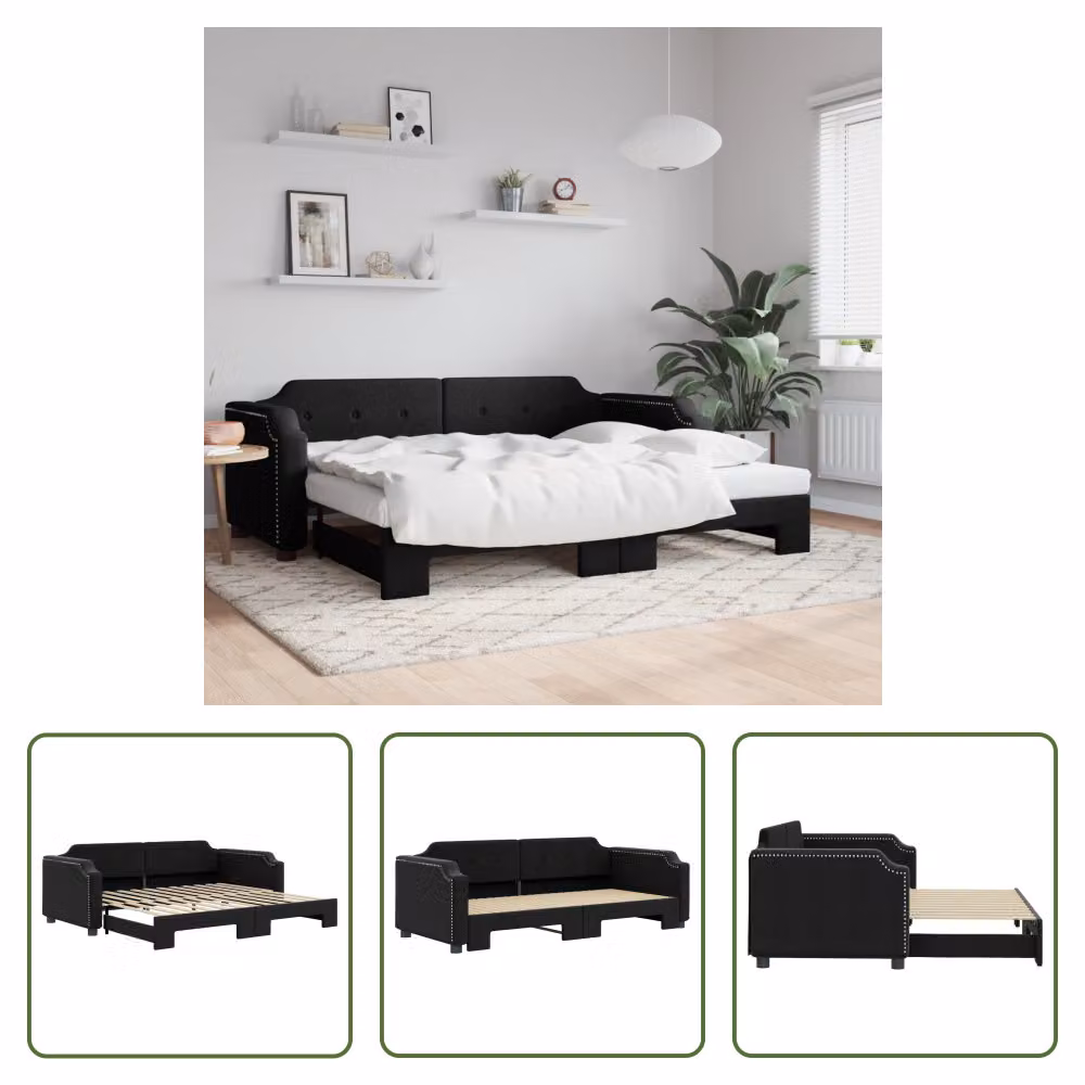 The Living Store letto da giorno allungabile nero 80x200 cm in tessuto