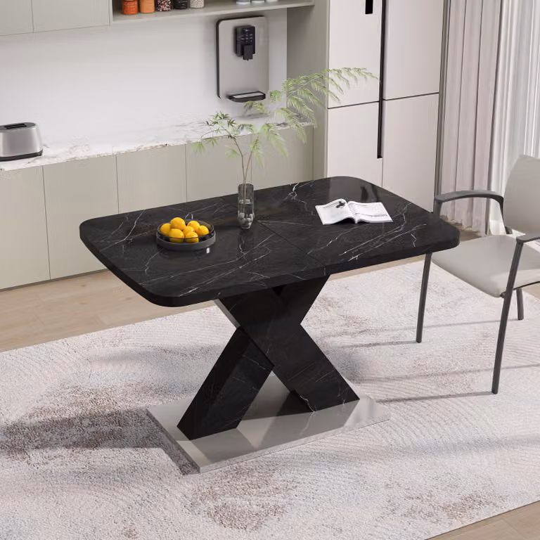 okwish Tavolo da pranzo moderno tavolo da soggiorno rettangolare, tavolo laterale allungabile con piano in marmo e gambe a X in MDF, tavolo con struttura in metallo, Nero