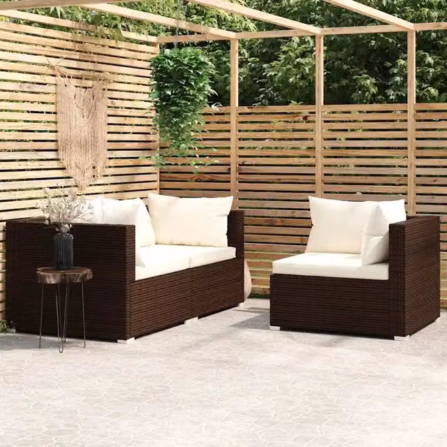 Salotto da Giardino-Set Divani da Giardino 3 pz con Cuscini in Polyrattan Marrone