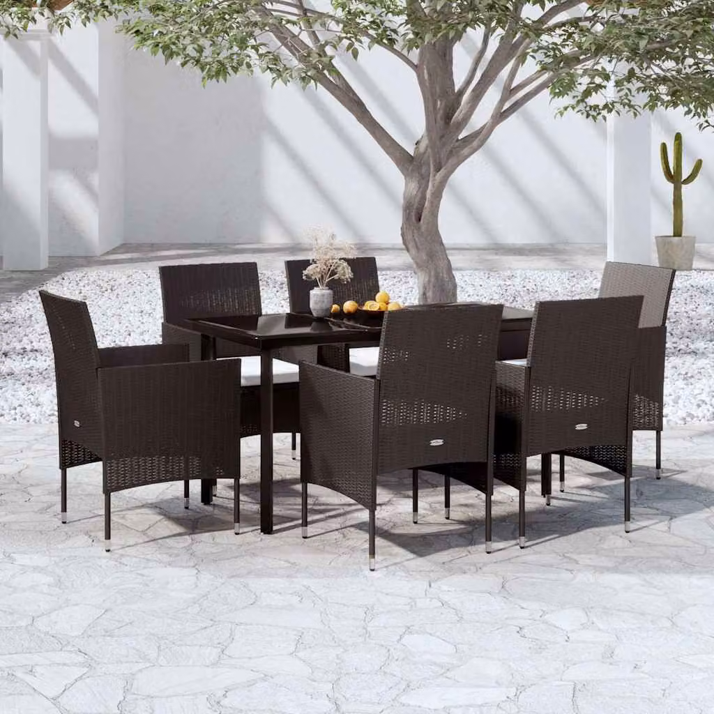 Set da pranzo da giardino vidaXL in polyrattan nero con cuscini e tavolo in vetro