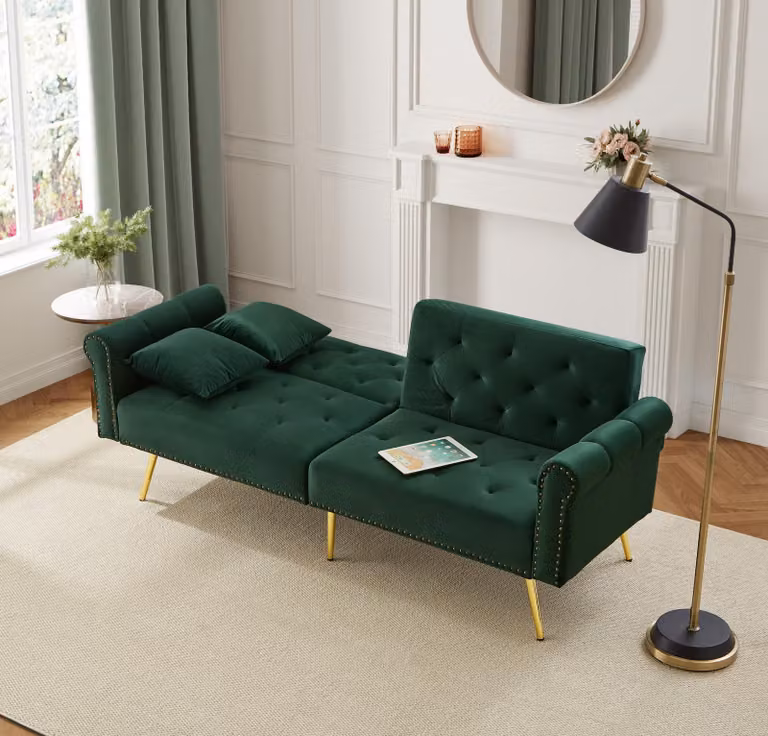Divano letto a 2 posti Merax con funzione sleep e schienale regolabile, rivestimento in velluto e piedini in metallo dorato - Cuscini e contenitore inclusi, verde