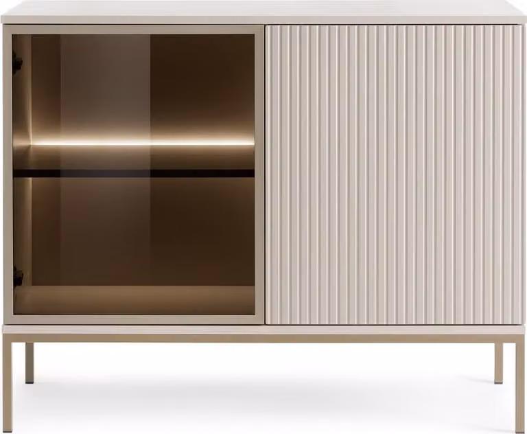 Cassettiera moderna stretta con frontale scanalato, 104×83×39 cm, cashmere/oro