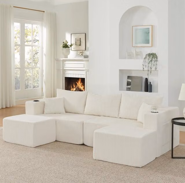 Divano angolare modulare a 3 posti con pouf mobili; tessuto a coste beige