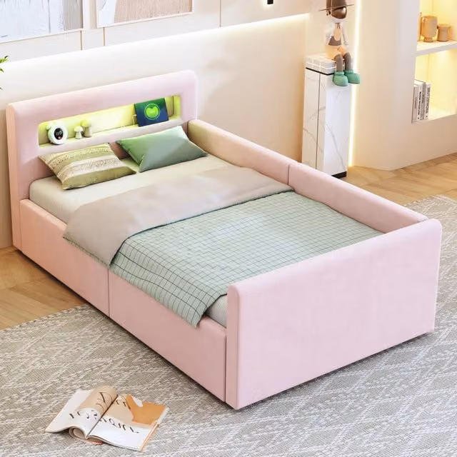 Letto imbottito per bambini REDOM in velluto rosa con contenitore, luci LED e porta USB, L/P: 90 x 200 cm