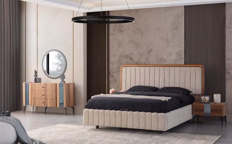 Helle Schlafzimmer Möbel Doppelbett Schminktisch Spiegel 2x Nachttische