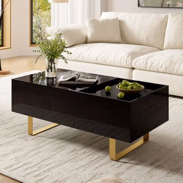 Tavolino da caffè Minimal bianco lucido con cassetto in MDF e gambe in metallo L: 60 cm, P: 60 cm, H: 45 cm – 1