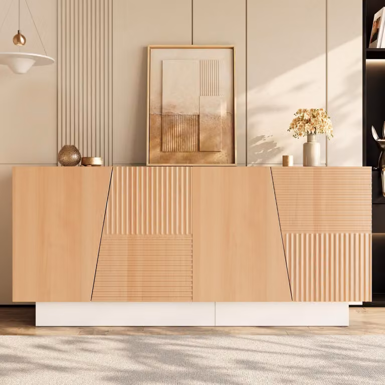 Credenza Merax con 4 ante e 2 vani, cassettiera con struttura a scanalature geometriche e ripiani regolabili, mobile da salotto in MDF, finitura naturale