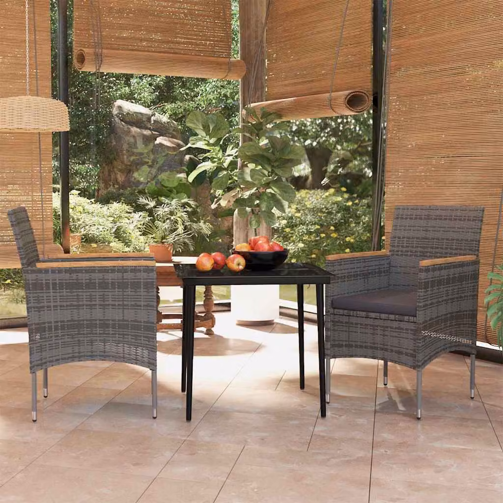 Set da pranzo da giardino vidaXL in polyrattan con tavolo in vetro e cuscini, Grigio e Nero