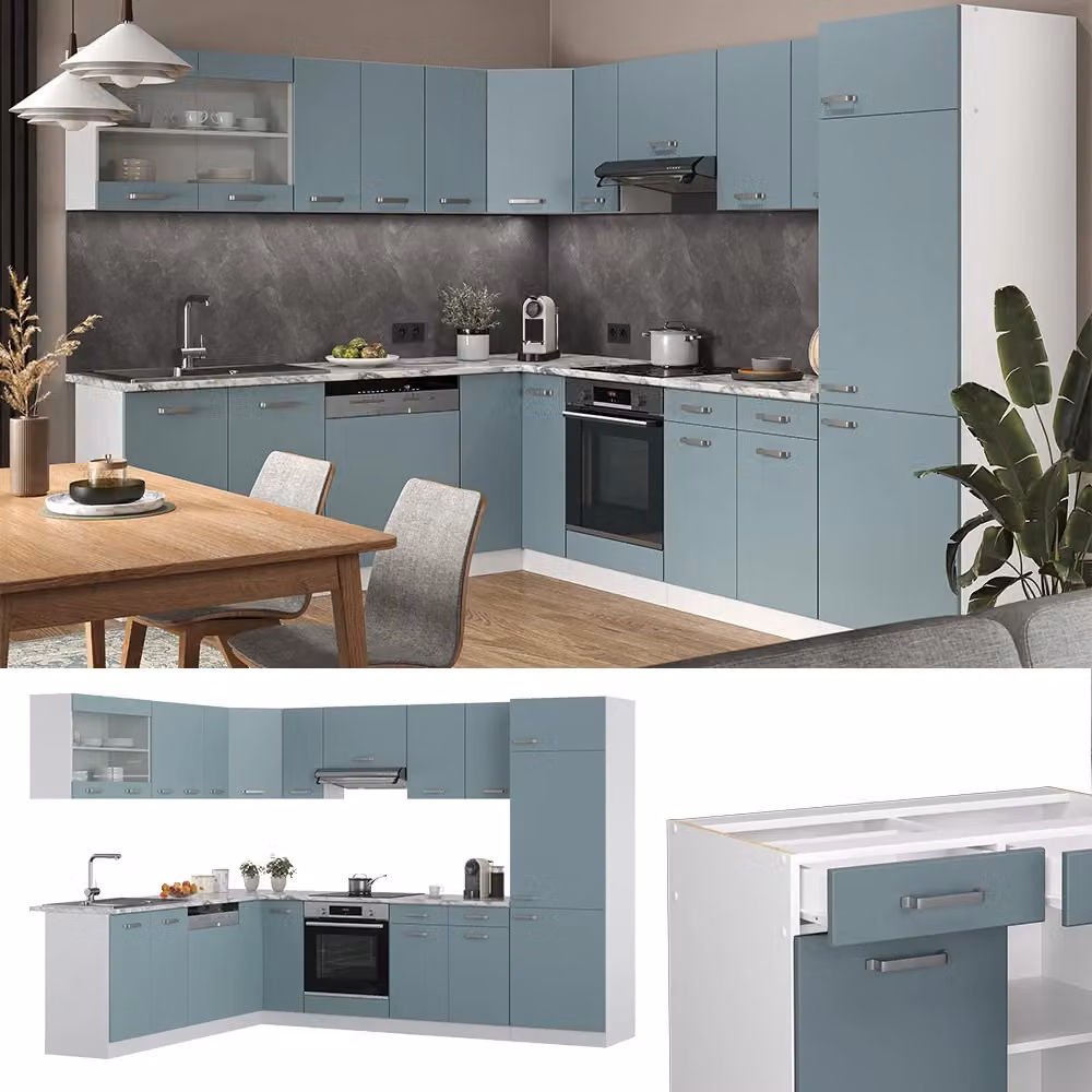 Cucina angolare completa R-Line Vicco moderna in legno e metallo, Grigio-blu/Bianco con piano Antracite, L: 287 cm, P: 227 cm – 2