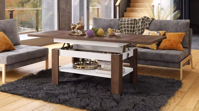 Tavolino da caffè design Rio, con altezza regolabile in modo continuo da 55 a 67 cm, estendibile da 130 a 170 cm, con superficie di appoggio. Tavolo da pranzo