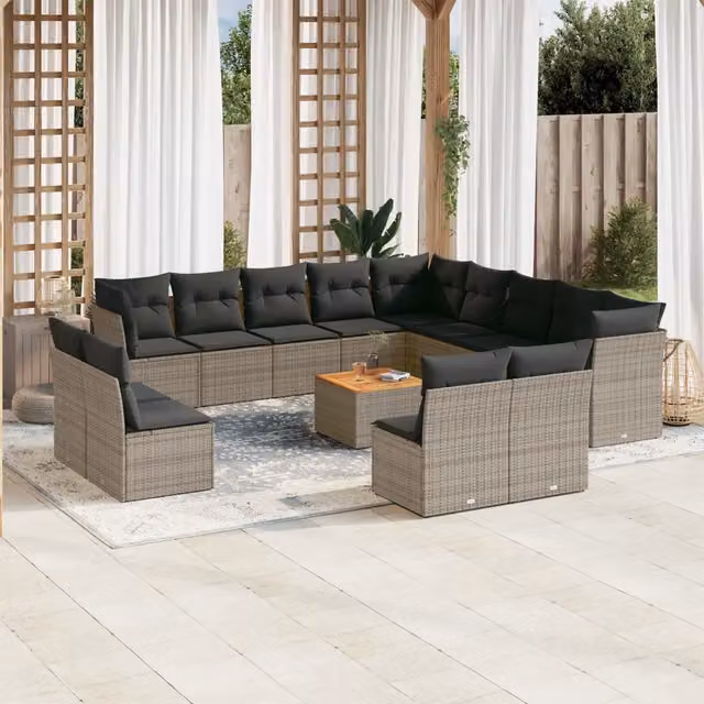Set di Divani da Giardino a Forma di U VIDAXL in Polyrattan Grigio con 14 Pezzi e Cuscini