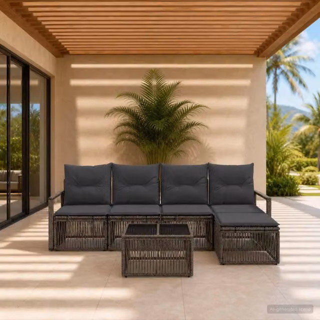 Set Divano da Giardino a L vidaXL in Polyrattan Grigio con 6 Pezzi e Cuscini Inclusi