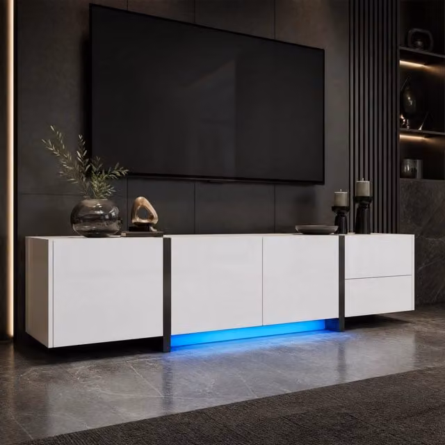 Mobile TV moderno REDOM bianco lucido e nero con illuminazione integrata L/P/H: 170 x 30 x 39 cm