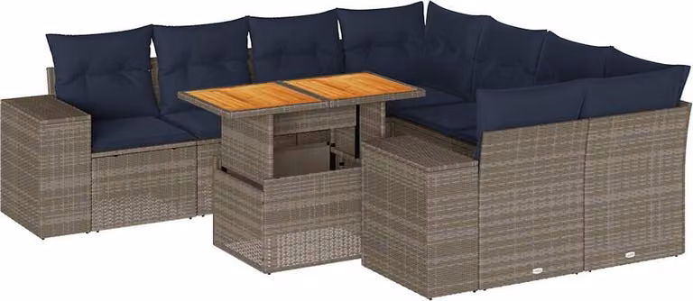 Set Divano da Giardino 9 pz con Cuscini Grigio in Polyrattan