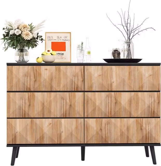 Comò Chicfurn con 6 Cassetti e Frontali in Rilievo Geometrico, Nero e Naturale, L 120 x P 40 x H 85 cm