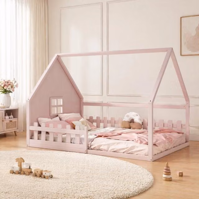 Letto per bambini a forma di casetta 140x200 cm in legno di pino con sponda; rosa