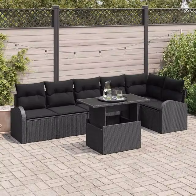 Set Divano da Giardino 7 pz 6-Numero di posti Nero Poly Rattan 3357396