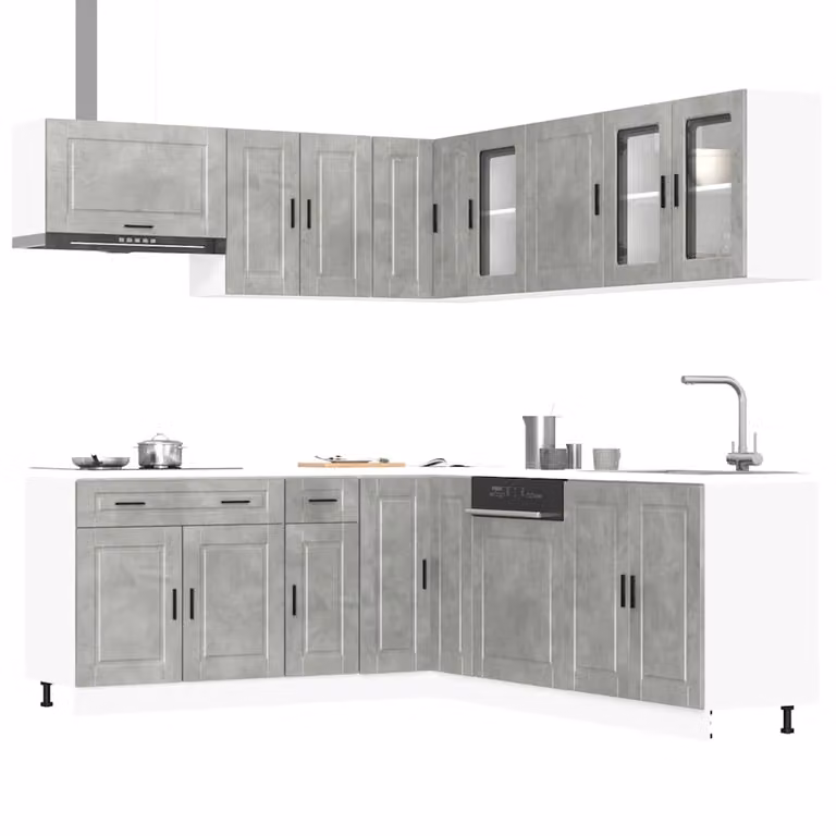 Set di mobili da cucina moderno vidaXL composto da 11 pezzi in colore grigio cemento con ante a cerniera e ripiani interni
