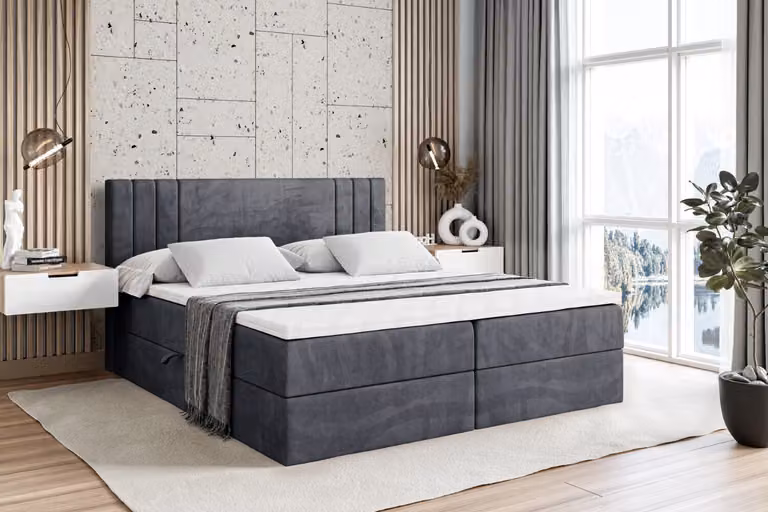 Letto boxspring ALTDECOR con materasso H4 e topper - 140 x 200 cm - IDRIKO - Velluto grigio scuro - Letto imbottito con contenitore e rete a doghe, letto con spazio contenitivo