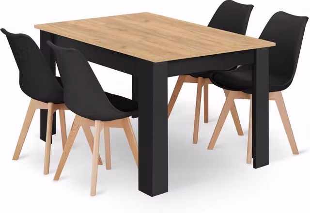 Set di tavolo artigianale VALORA con 4 sedie RIXK, gambe nere - NP