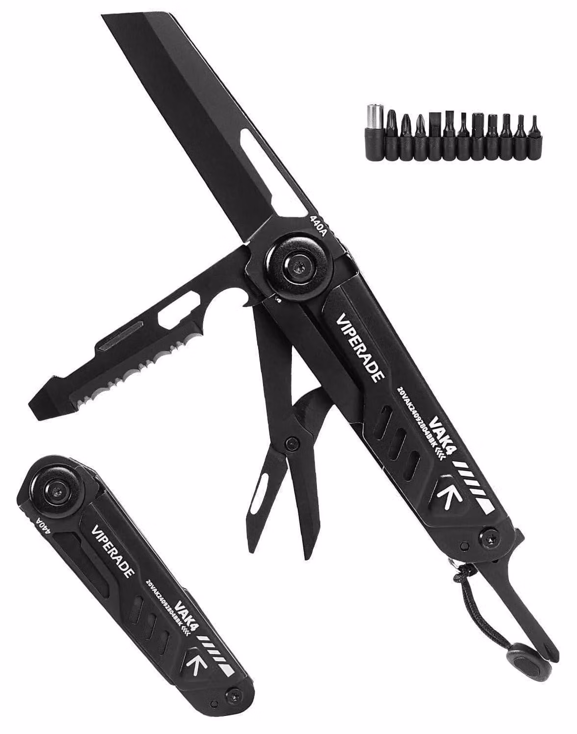 Coltello multiuso pieghevole EDC con forbici, apriscatole, cacciavite e fischietto, colore nero