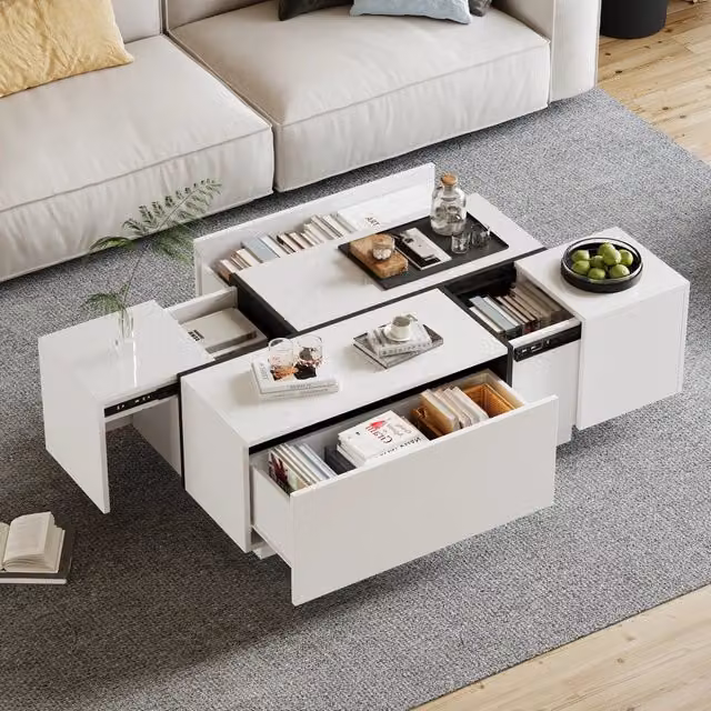 Tavolino basso MIVRAY con 4 cassetti e piano superiore lucido, bianco e nero, L: 100 cm, P: 60 cm, H: 40 cm