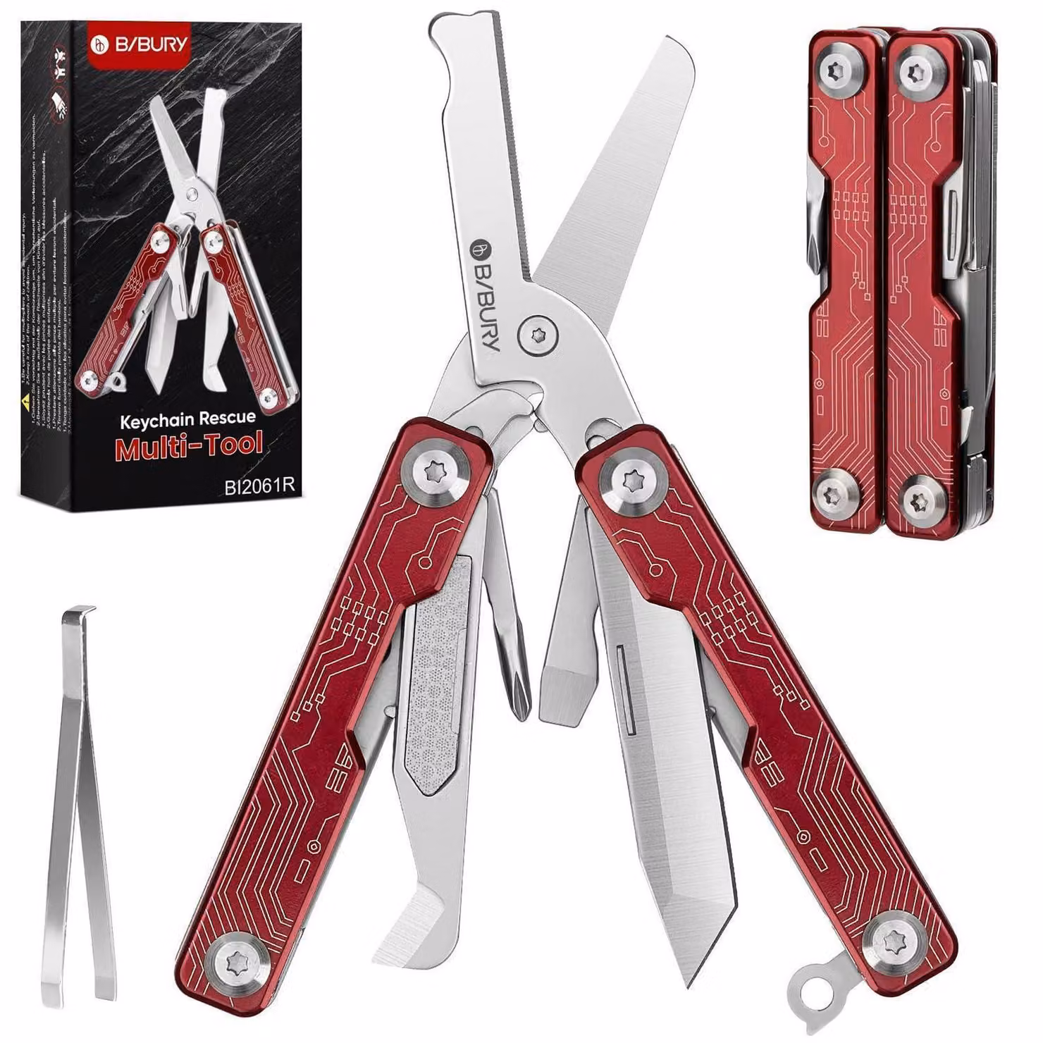 Multitool con forbici pieghevoli, 9 utensili, colore rosso, acciaio inossidabile, dimensioni 7,9 cm, pieghevole