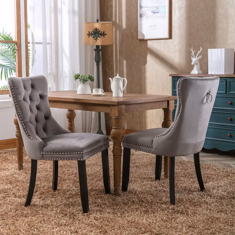 Sedia da pranzo di alta qualità in legno massiccio trapuntato con rivestimento in velluto moderno, gambe in legno e chiodi decorativi, set da 2 pezzi