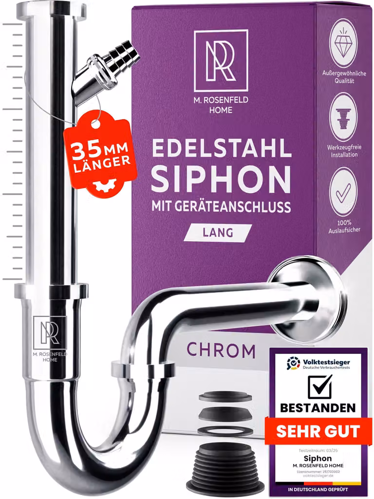 Sifone per lavabo con attacco per elettrodomestici da 1 1/4" – 35mm, in acciaio inossidabile. Sifone per lavatrice – Montaggio semplice, altezza regolabile, rosone a parete e guarnizione in gomma