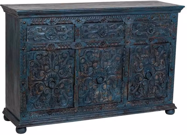 Credenza vintage Wanderlust Deco in legno di mango con decorazioni floreali, blu turchese e marrone, L: 147 cm, P: 45 cm, H: 96 cm – 1